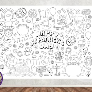 Może przedstawiać: Czarno-biała strona do kolorowania z różnymi ilustracjami o tematyce Dnia Świętego Patryka, w tym krasnoludki, garnki złota, koniczyny i tekst "Happy St. Patrick's Day".