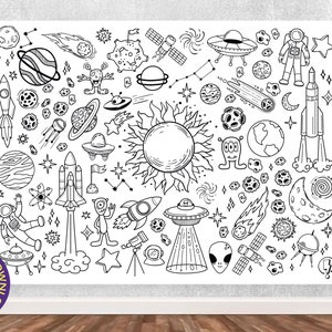 Riesen Ausmalbild Out Space Doodles | Kollaborative Malvorlage für Kinder | Astronauten, Aliens, das Weltall, Ufos, Raketen