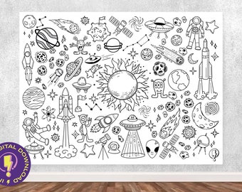 May include: A black and white illustration of various space-themed objects, including planets, stars, rockets, spaceships, astronauts, and aliens. The illustration is set against a white background.