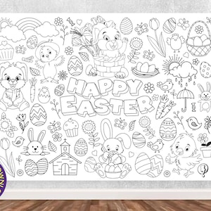 May include: A black and white colouring page featuring a variety of Easter-themed illustrations, including bunnies, chicks, eggs, flowers, and the words "Happy Easter".