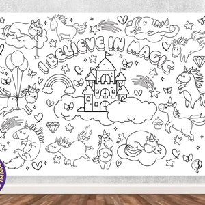 May include: A black and white coloring page featuring a unicorn theme. The page includes unicorns, rainbows, stars, hearts, a castle, and the text "I believe in magic".