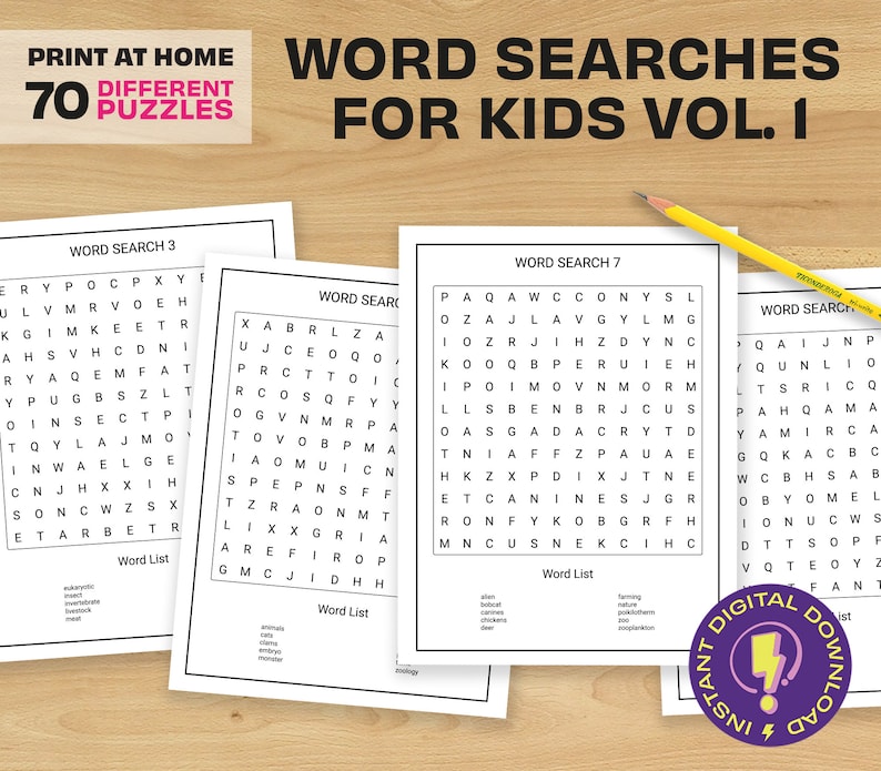 Printable Easy Word Searches for Kids Vol 1. | 70 Word Game Puzzles for
