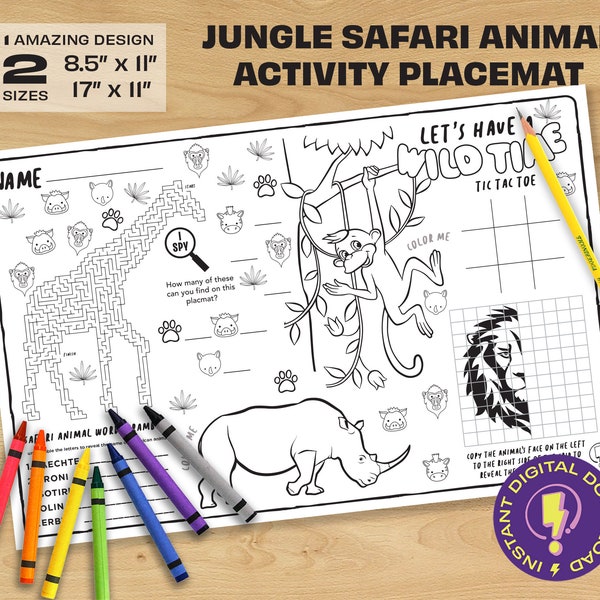 Printable Jungle Safari Party Placemat | Kids Birthday Coloring Activity Placemat in 2 sizes A3 & A4 | Classroom Activity | Instant download