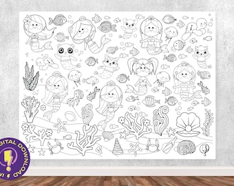 Cartaz de colorir gigante e fofo para festa de sereia | Folha de colorir de criatura grande do oceano em 3 tamanhos grandes | Atividade criativa de sala de aula com tema de sereia