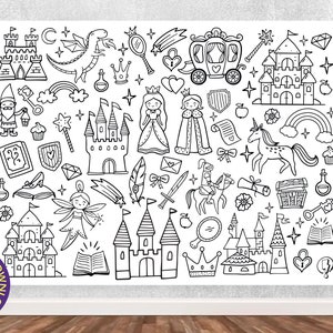 Riesen Ausmalbild Märchen Doodles |  Druckbare kollaborative Malvorlage für Kinder | Prinzessin, Prinz, Schloss, Drache 4-9 Jahre