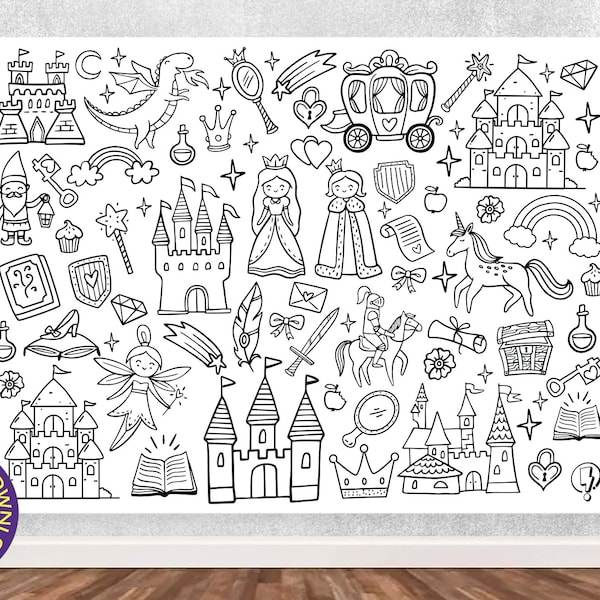 Affiche géante de coloriage de Doodles de conte de fées | Feuille de coloriage collaborative imprimable pour les enfants | Princesse, Prince, Château, Dragon 4-9 ans