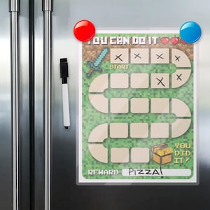 May include: A printable dry-erase board game with a Minecraft theme. The game board features a green background with a winding path and a chest at the end. The board has the text "You Can Do It!" at the top and "Reward Pizza!" at the bottom.
