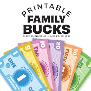 Familie Bucks Spielgeld zum Ausdrucken | Kinder Hausarbeit & Good Behavior Reward Coupons | Familien- und Homeschool-Tool, um Kindern etwas über Geld beizubringen
