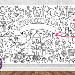 Może przedstawiać: Czarno-biały, drukowany baner urodzinowy z zamkiem, jednorożcem, smokiem i innymi fantazyjnymi ilustracjami. Baner zawiera napis "Happy Birthday" i miejsce na dodanie imienia dziecka.