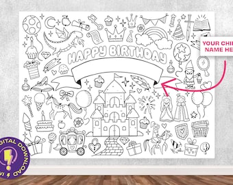Póster gigante personalizado para colorear con garabatos de cumpleaños de cuentos de hadas / Hoja para colorear de cumpleaños mágica personalizable e imprimible en 3 tamaños grandes