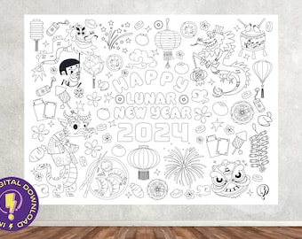 Giant Lunar New Year Dragon Tet Coloring Poster | Printable Large Coloring Page For Kids in 3 Sizes | Creative Classroom Activity | Ages 4-9