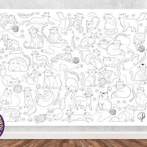 May include: A black and white coloring page featuring a variety of cats in different poses. The cats are drawn in a simple, cartoon style and are surrounded by various objects, such as yarn balls, mice, and feathers.