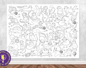 Giant Cute Cat Doodles Coloring Poster | Printable Collaborative coloring sheet for Kids | Cat-themed birthday party coloring banner gift