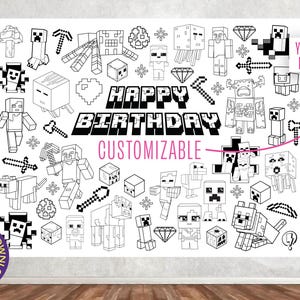 Könnte beinhalten: Anpassbares Geburtstagsbanner in Schwarz und Weiß mit pixeligen Charakteren und Elementen. Das Banner enthält den Text "HAPPY BIRTHDAY" und "CUSTOMIZABLE". Ein digitaler Download ist verfügbar.
