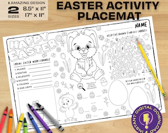 Printable Easter Activity Placemat | Spring Bunny Coloring Page | Easter Party Activity for kids | Easter play mat for class & homeschool