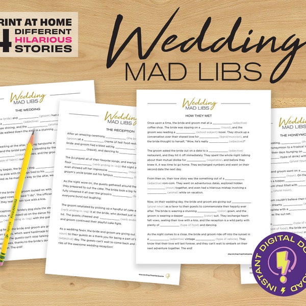 Printable Wedding Mad Libs For Kids & Adults | Wedding Shower Games | Fun Wedding Reception and Bridal Shower activity for the whole family