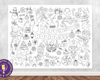 Giant Christmas Doodles Coloring Poster | Printable Holiday Coloring Page For kids in 3 LARGE sizes | Kids Coloring Activity