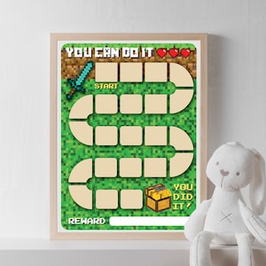 May include: A printable green and brown Minecraft-themed chart with a path to a treasure chest. The chart says "You Can Do It!" and has a sword at the start and a chest at the end. The chart is in a wooden frame.