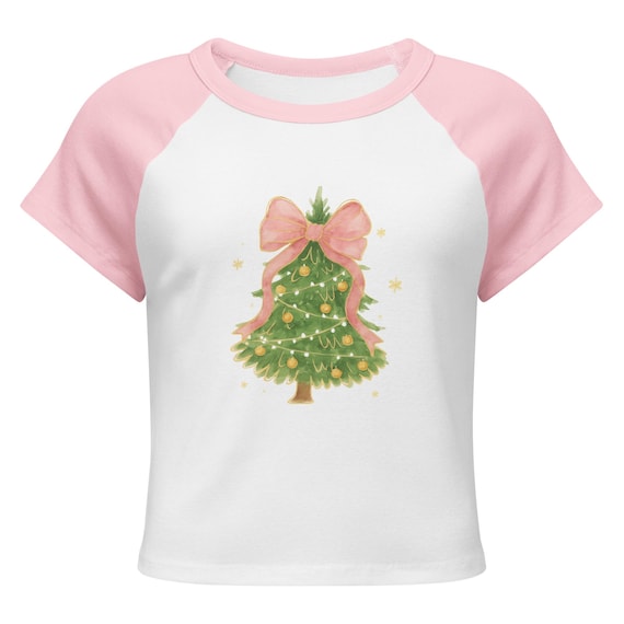 Women’s micro rib raglan baby tee, Christmas tee, Christmas Tree Bow Tee