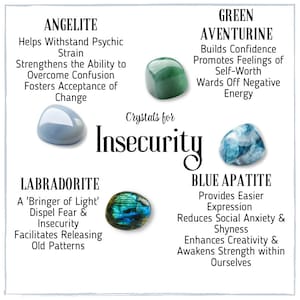 Può includere: Cristalli per l'insicurezza: Angelita, Aventurina verde, Labradorite e Apatite blu. Si ritiene che questi cristalli aiutino con lo stress psichico, la fiducia in se stessi, la paura e l'ansia sociale.