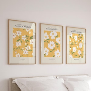 3 Impressões de mercado de flores, arte de parede amarela, decoração de parede neutra, impressões amarelas, arte de parede colorida, impressões florais, para impressão, arte de parede de dormitório