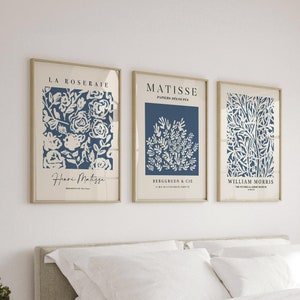 Láminas de Matisse en tonos azul marino, arte de pared azul marino, póster de arte moderno, láminas azules, arte de pared floral, decoración de pared neutra, arte para sala de estar, imprimibles