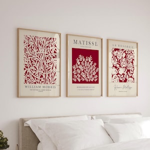 3 stampe bordeaux, arte murale rosso vino, arte moderna, William Morris, stampa marrone, arte murale floreale, decorazione murale vino, arte stampabile per soggiorno