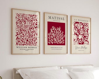 3 Burgundy Prints, Wine Red Wall Art, Modern Art, William Morris, Maroon Print, Floral Wall Art, Wine Wall Decor, Living Room Art Printable