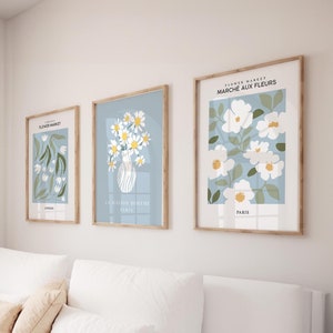 Duck Egg Blue Prints, 3 Blue Wall Art, Modern Art Poster, Light Blue Print, Flower Market Art, Neutral Wall Decor, Living Room Art Printable