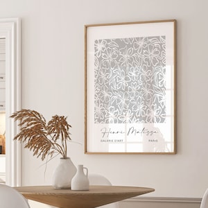 Weicher grauer Matisse-Druck, graue Wandkunst, moderne Kunstplakat, grauer Druck, Blumenwandkunst, neutrale Wanddekoration, Wohnzimmerkunst, bedruckbar