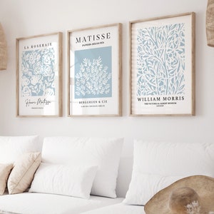 Láminas de Matisse en azul pato, 3 obras de arte azul para pared, póster de arte moderno, lámina azul, arte floral para pared, decoración de pared neutra, arte imprimible para sala de estar
