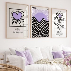 Lilac Purple Prints 3 Set Lilac Wall Art Keith Haring Bauhaus Wall Art Dancing Flower Purple Wall Art Living Room Art Bedroom Prints Etsy