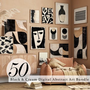 50 Schwarz Beige & Creme Abstrakte Kunst Bundle, druckbare Wandkunst, moderne Kunst Poster, schwarze Wand-Dekor, Creme Wohnzimmer Kunst, digitale Kunst