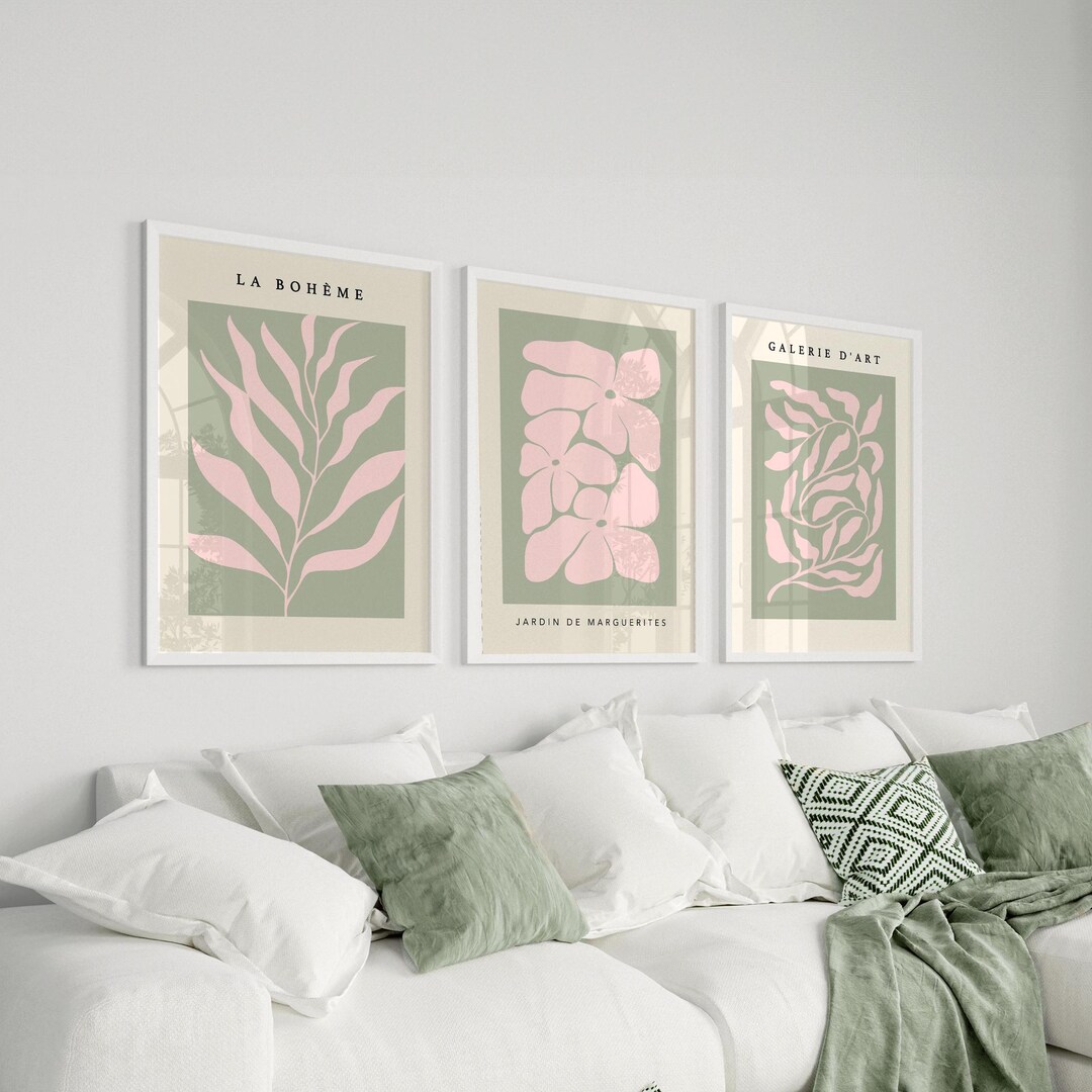 Sage Green & Pink Floral Print Set of 3: Modern Botanical Wall Art ...