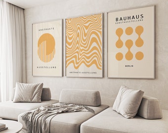 Yellow Wall Art, Bauhaus Print, Set of 3, Printable, Retro Poster, Modern Art, Yellow Print, Living Room Art, Feature Wall, Digital Art