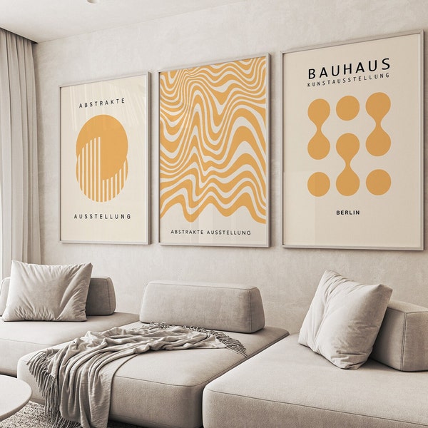 Yellow Wall Art, Bauhaus Print, Set of 3, Printable, Retro Poster, Modern Art, Yellow Print, Living Room Art, Feature Wall, Digital Art
