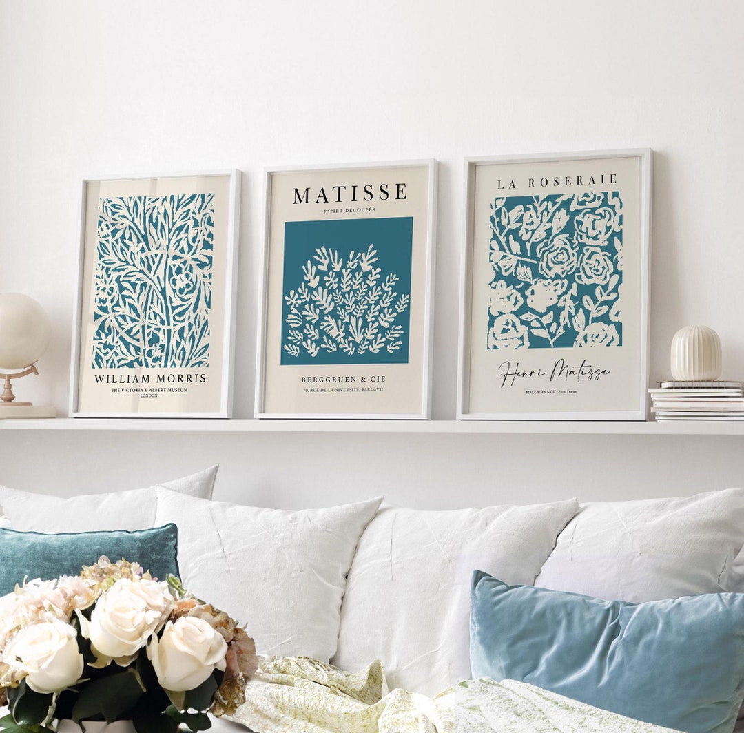 3 Set Teal Print, Teal Blue Wall Art, Modern Art Poster, Dark Teal Print, Matisse Wall Art, Teal ...