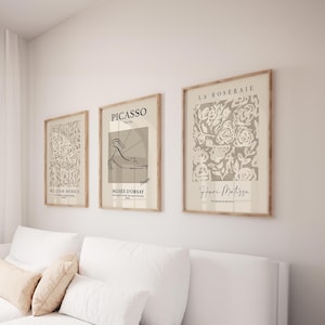 Láminas beige neutras, juego de 3, arte de pared beige, póster de arte moderno, láminas marrones, arte de Picasso, decoración de pared neutra, arte para sala de estar, imprimible