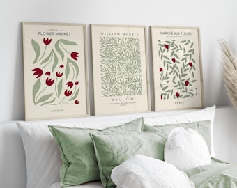 3 Set Burgundy & Sage Prints, Flower Market Wall Art, Modern Art, Green Print, Boho Poster, Burgundy Wall Decor, Neutral Wall Art, Printable