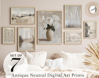 Antik krämfärgad landskapskonsttryck, set med 7 | Dämpad bondgårdsväggkonst | Digital nedladdning av vintage rustik landsbygd | Neutral väggdekor