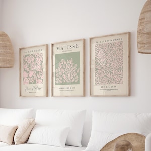 Láminas verdes y rosas, juego de 3, arte de pared verde, carteles de arte moderno, láminas rosas, arte de pared de Matisse, lámina de William Morris, sala de estar, imprimible