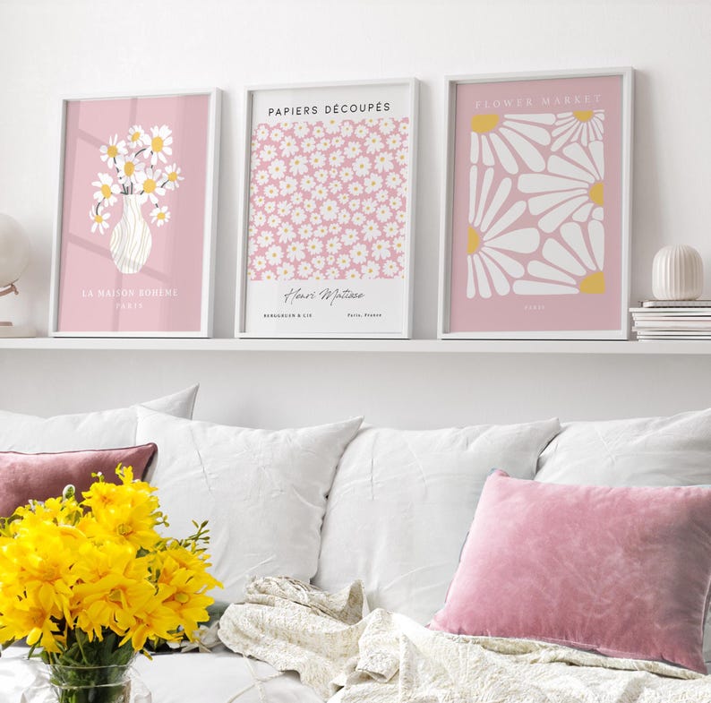 Pink Daisy Prints Set: Modern Floral Wall Art (Digital Download) image 2