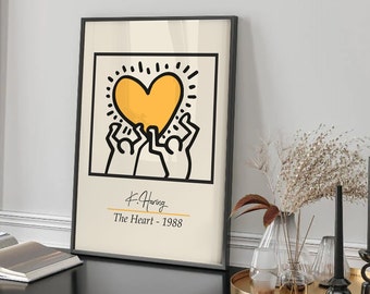 Yellow Wall Art, Keith Haring Print, Printable, Retro Poster, Heart Print, Yellow Print, Living Room Art, Print for Bedroom, Graffiti Art