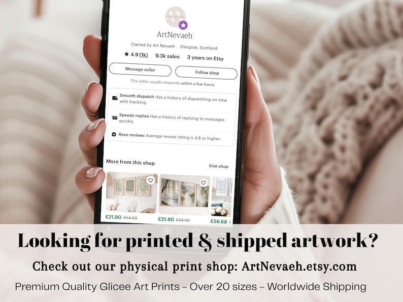 A person's hand holding a smartphone displaying a webpage for an online art marketplace called ArtNevahe. The webpage shows various artworks for sale, including prints and shipped artwork.
