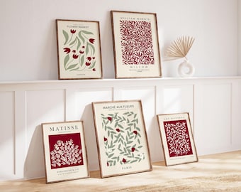 5 Burgundy Prints, Wine Red Wall Art, Modern Art, William Morris, Matisse Print, Floral Wall Art, Wine Wall Decor, Living Room Art Printable