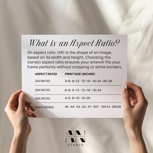 The image is a hand holding a piece of paper with information about aspect ratios, specifically focusing on the print size (inches) and the corresponding frame size (2x3, 3x3, 4x5, 4x5).
