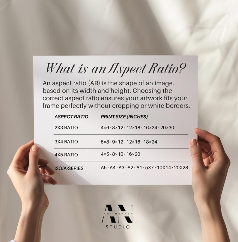 The image is a hand holding a piece of paper with information about aspect ratios, specifically focusing on the print size (inches) and the corresponding frame size (2x3, 3x3, 4x5, 4x5).