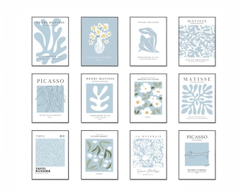 Lot de 12 gravures Matisse Picasso, oeuvre d'art murale bleu canard (téléchargement numérique)