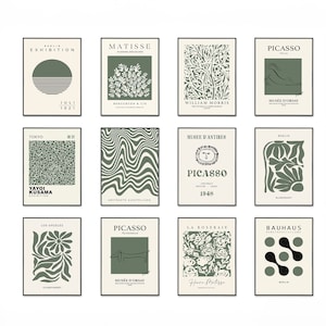 12 Waldgrüne Prints, grüne Wandkunst, moderne Kunst Poster, grüne Drucke, cremefarbene Wandkunst, neutrale Wanddekoration, Wohnzimmer Kunst, Printables