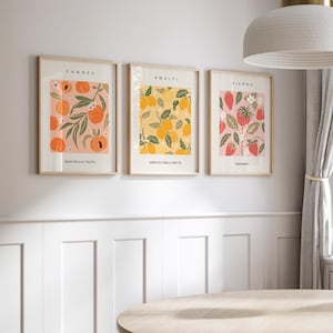Poster del mercato della frutta, set di 3, poster di pesca, stampa di limone, arte murale di fragole, arte murale colorata, arte murale della cucina, poster stampabili